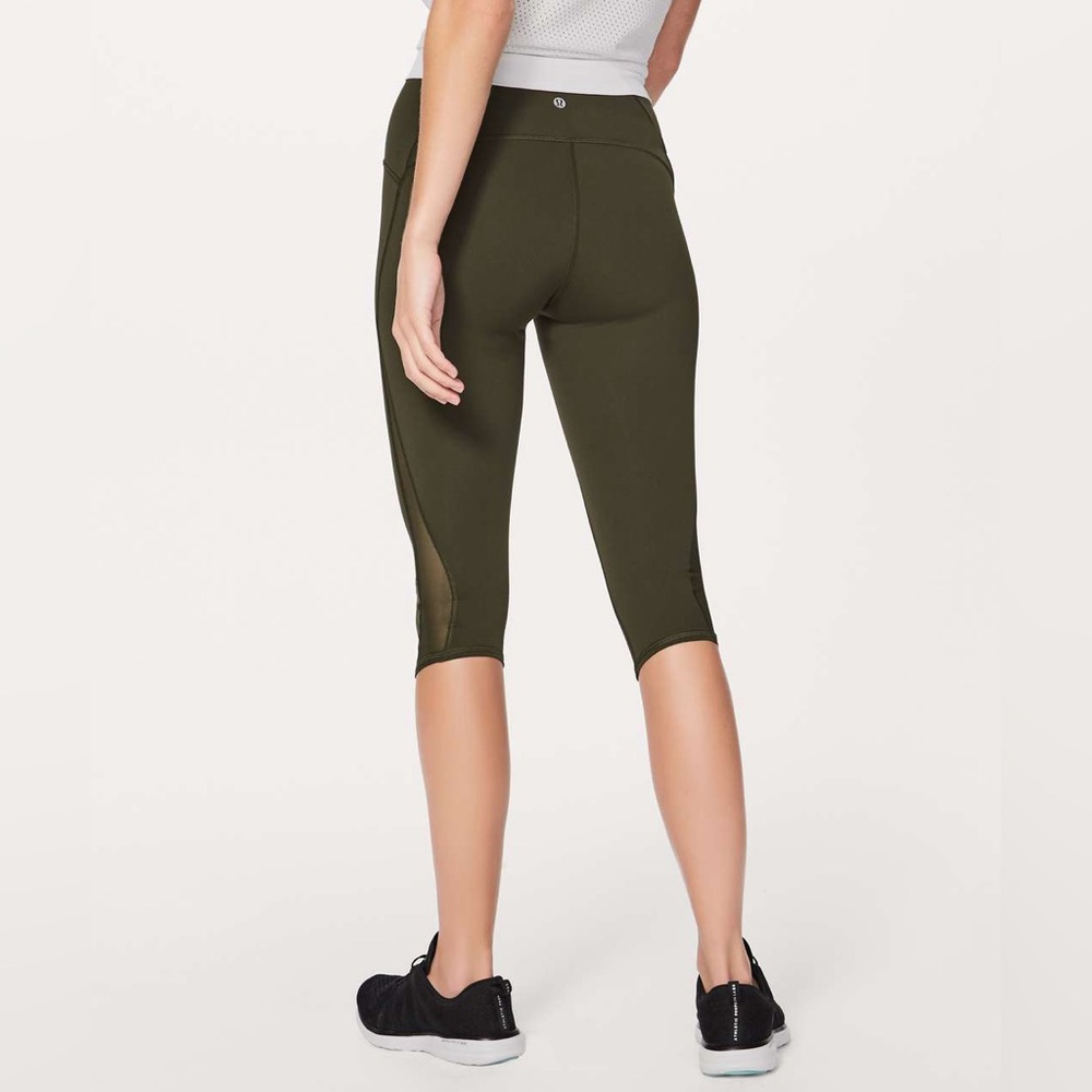 Lululemon Train Times Crop 17" Dark Olive Luxtreme leggings with mesh size 6